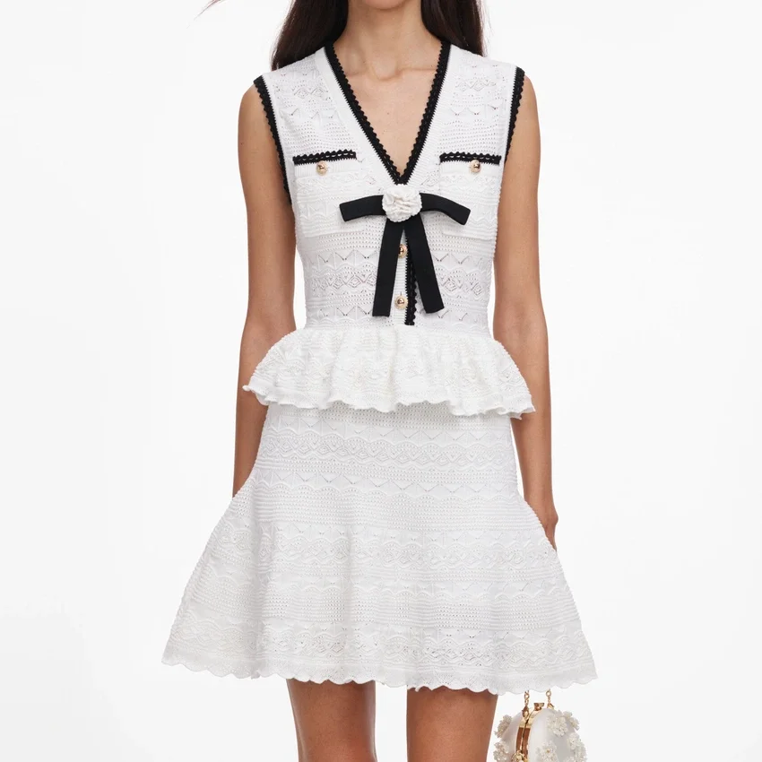 White Peplum Pointelle Knit Mini Dress White Peplum Pointelle Knit Mini Dress