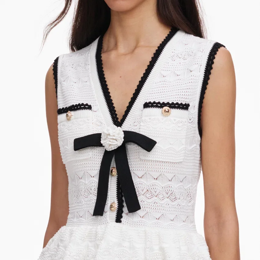 White Peplum Pointelle Knit Mini Dress White Peplum Pointelle Knit Mini Dress