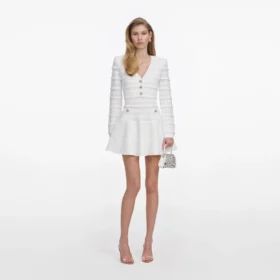 White Pointelle Diamante Knit Mini Dress