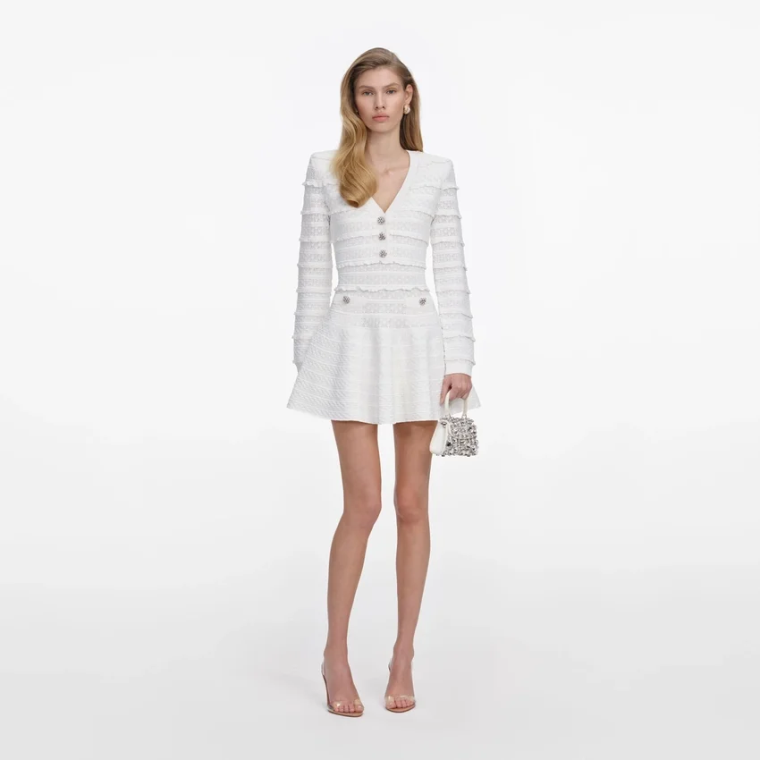 White Pointelle Diamante Knit Mini Dress White Pointelle Diamante Knit Mini Dress