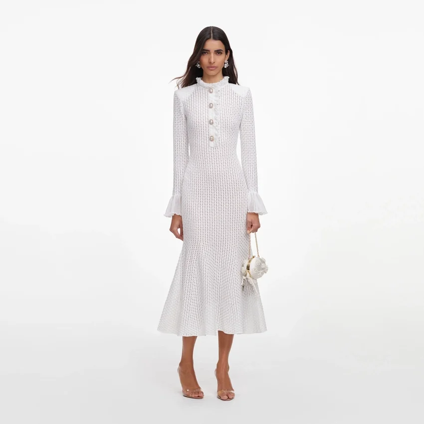 White Pointelle Knit Flare Midi Dress White Pointelle Knit Flare Midi Dress
