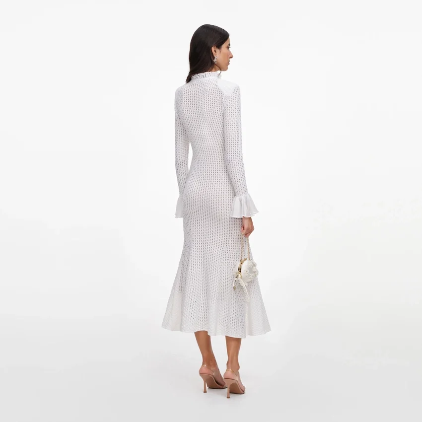 White Pointelle Knit Flare Midi Dress White Pointelle Knit Flare Midi Dress