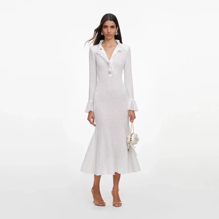 White Pointelle Knit Flare Midi Dress White Pointelle Knit Flare Midi Dress