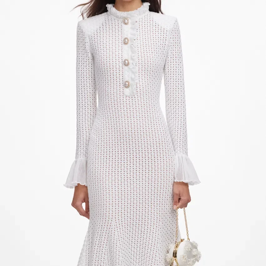 White Pointelle Knit Flare Midi Dress White Pointelle Knit Flare Midi Dress