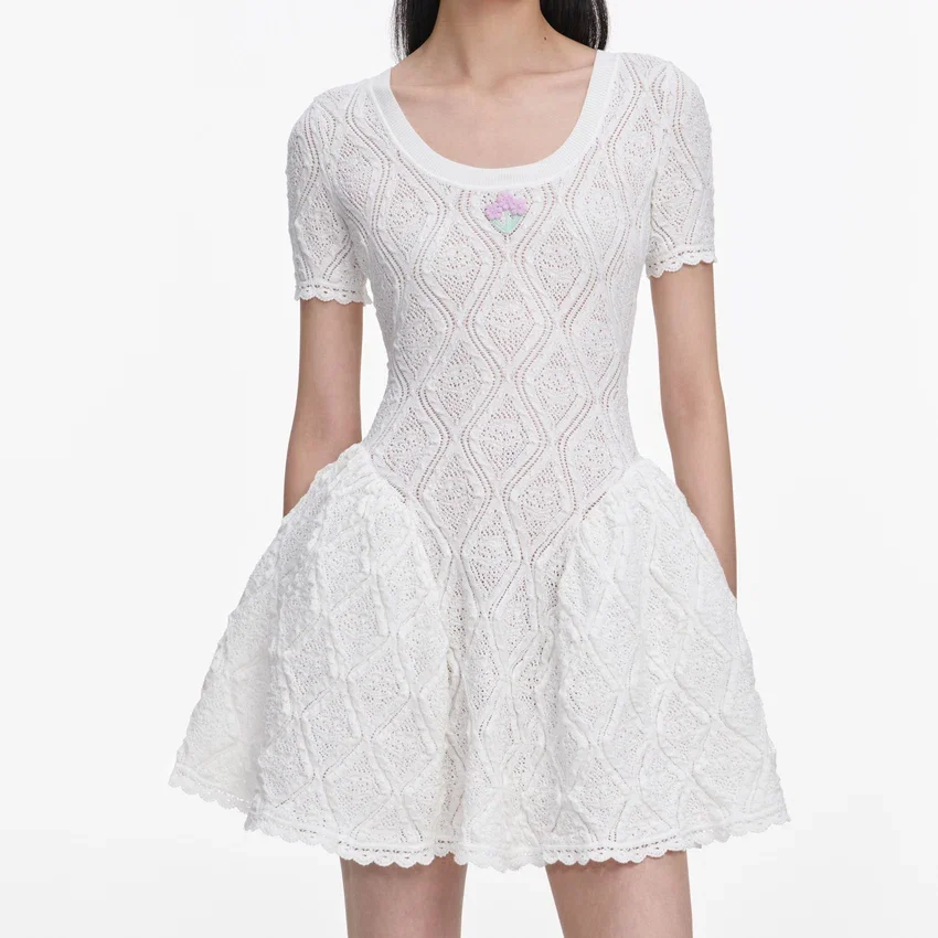White Pointelle Knit Flared Mini Dress White Pointelle Knit Flared Mini Dress