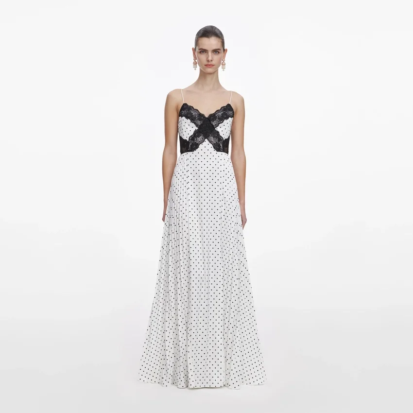 White Polka Dot Satin Lace Maxi Dress White Polka Dot Satin Lace Maxi Dress