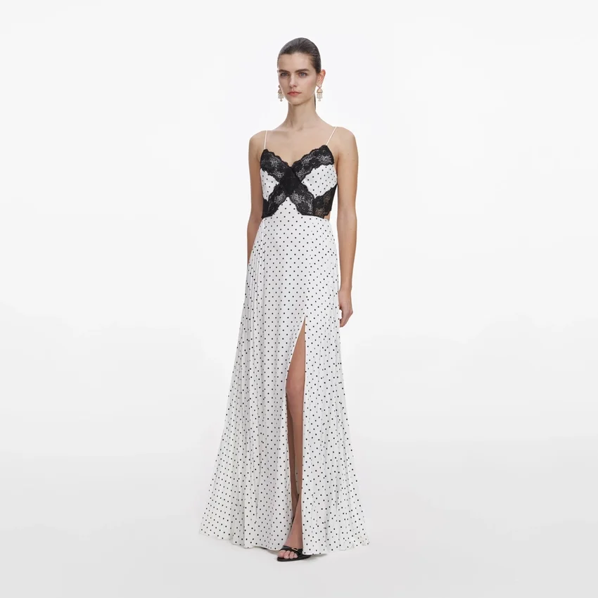 White Polka Dot Satin Lace Maxi Dress White Polka Dot Satin Lace Maxi Dress