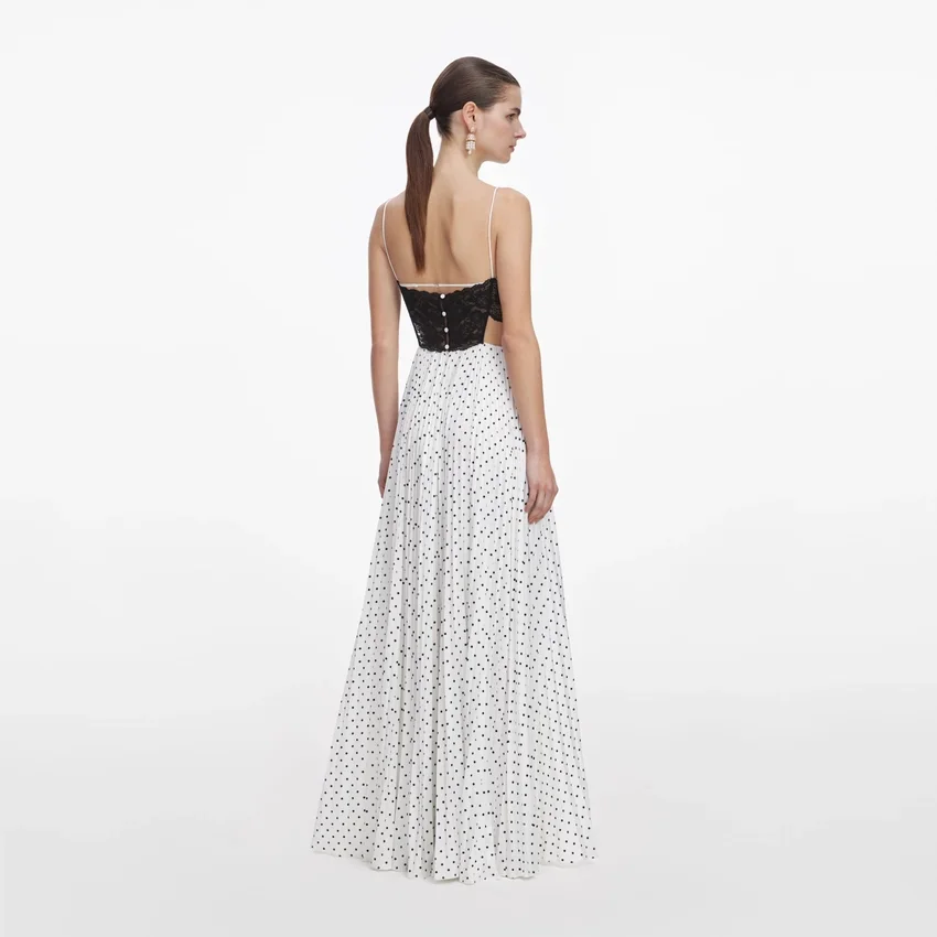 White Polka Dot Satin Lace Maxi Dress White Polka Dot Satin Lace Maxi Dress