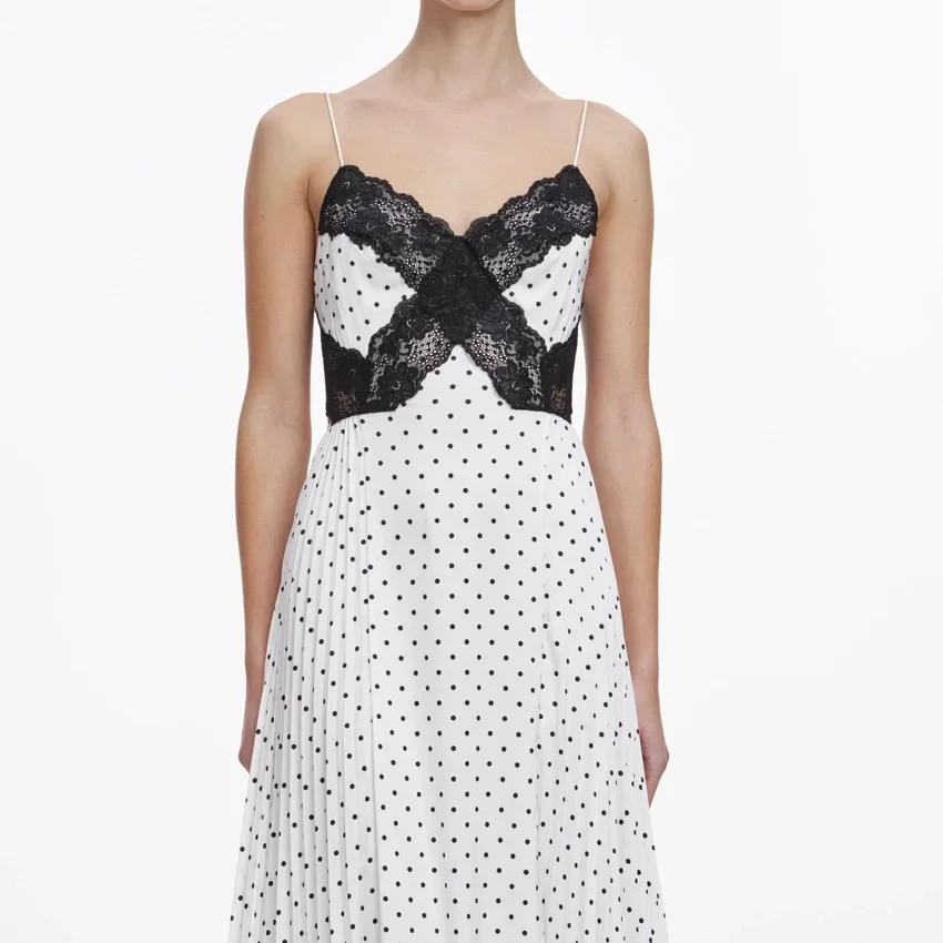 White Polka Dot Satin Lace Maxi Dress White Polka Dot Satin Lace Maxi Dress