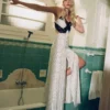 White Polka Dot Satin Lace Maxi Dress White Polka Dot Satin Lace Maxi Dress