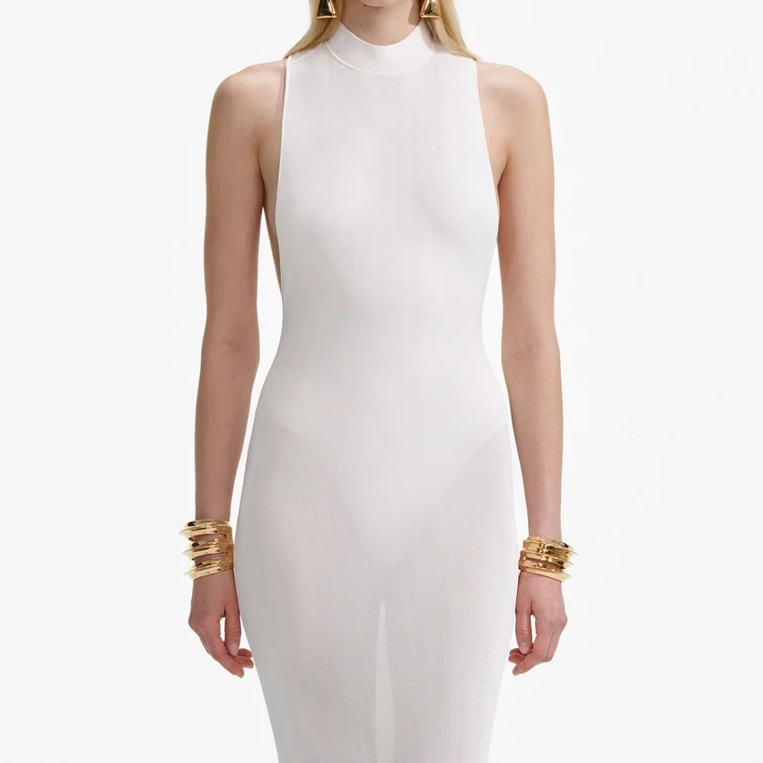 White Racer Back Viscose Knit Maxi Dress White Racer Back Viscose Knit Maxi Dress
