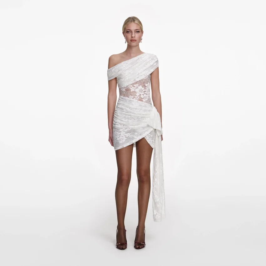 White Rhinestone Lace Tie Side Mini Dress White Rhinestone Lace Tie Side Mini Dress