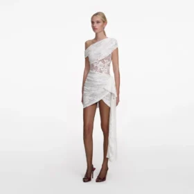 White Rhinestone Lace Tie Side Mini Dress
