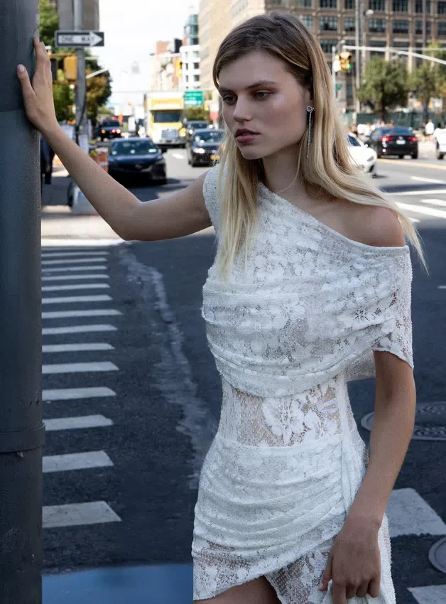 White Rhinestone Lace Tie Side Mini Dress White Rhinestone Lace Tie Side Mini Dress
