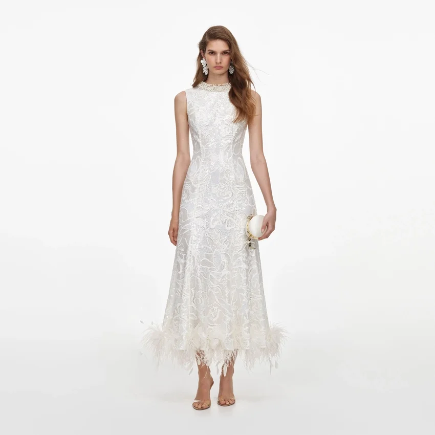 White Sequin Lace Feather Midi Dress White Sequin Lace Feather Midi Dress