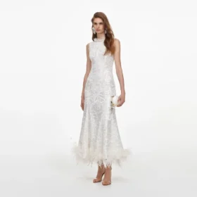 White Sequin Lace Feather Midi Dress