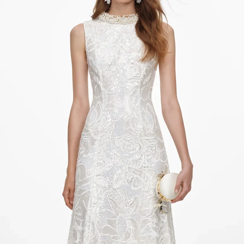 White Sequin Lace Feather Midi Dress White Sequin Lace Feather Midi Dress