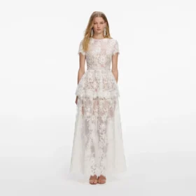 White Sequin Lace Tiered Maxi Dress