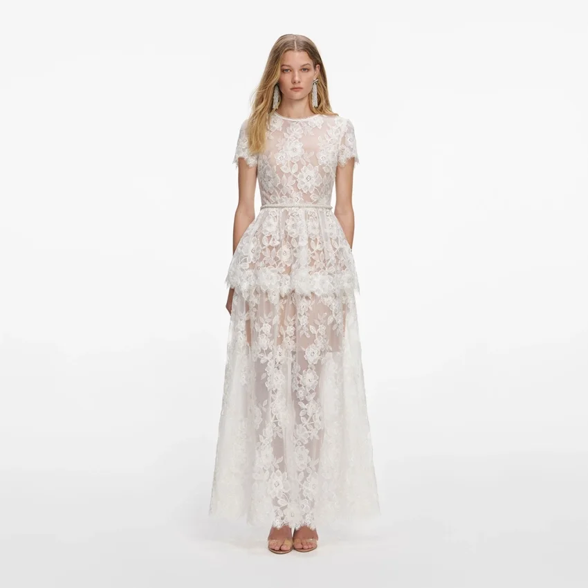 White Sequin Lace Tiered Maxi Dress White Sequin Lace Tiered Maxi Dress