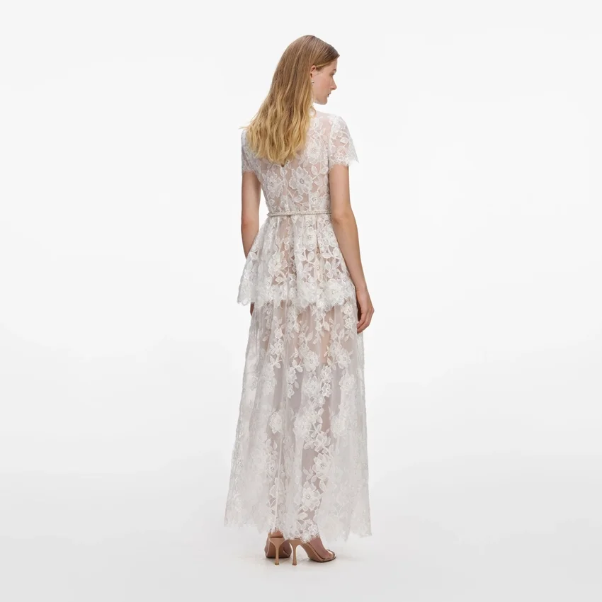 White Sequin Lace Tiered Maxi Dress White Sequin Lace Tiered Maxi Dress
