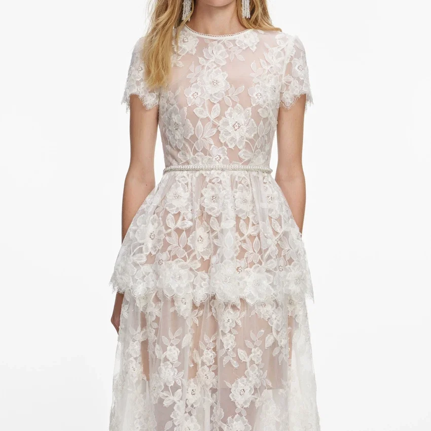 White Sequin Lace Tiered Maxi Dress White Sequin Lace Tiered Maxi Dress