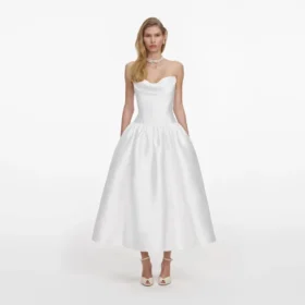White Taffeta Strapless Midi Dress