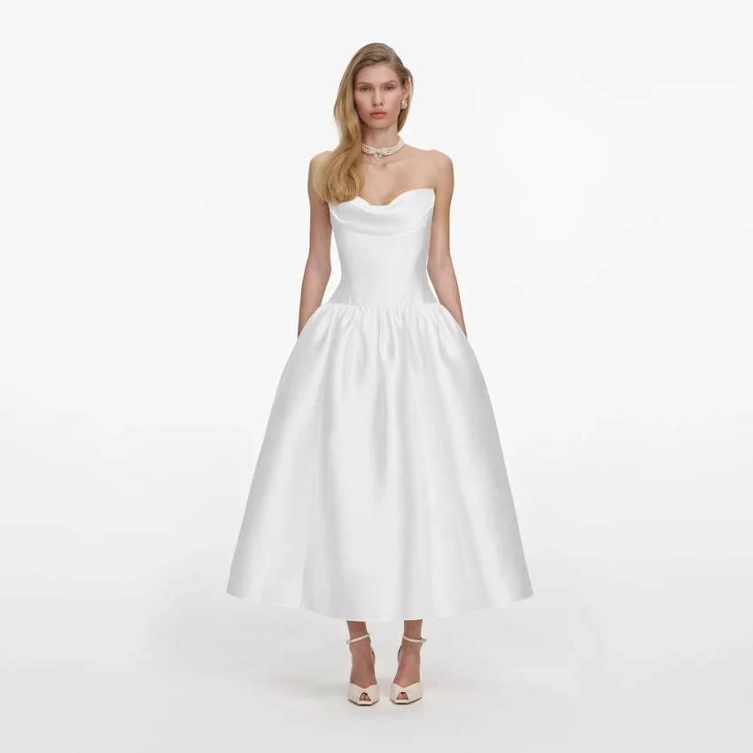 White Taffeta Strapless Midi Dress White Taffeta Strapless Midi Dress