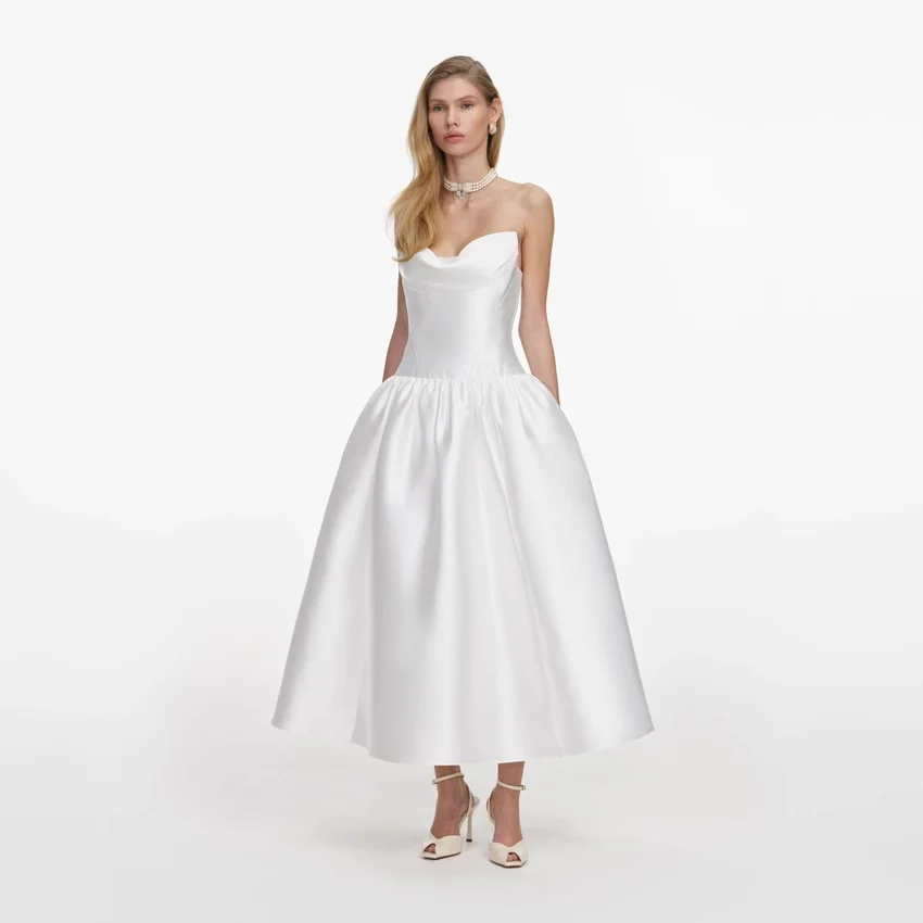 White Taffeta Strapless Midi Dress White Taffeta Strapless Midi Dress