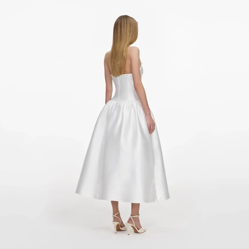 White Taffeta Strapless Midi Dress White Taffeta Strapless Midi Dress