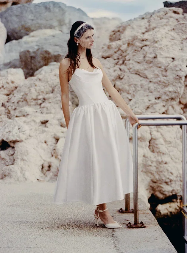 White Taffeta Strapless Midi Dress White Taffeta Strapless Midi Dress