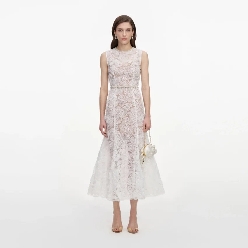 White Tulle Lace Midi Dress White Tulle Lace Midi Dress