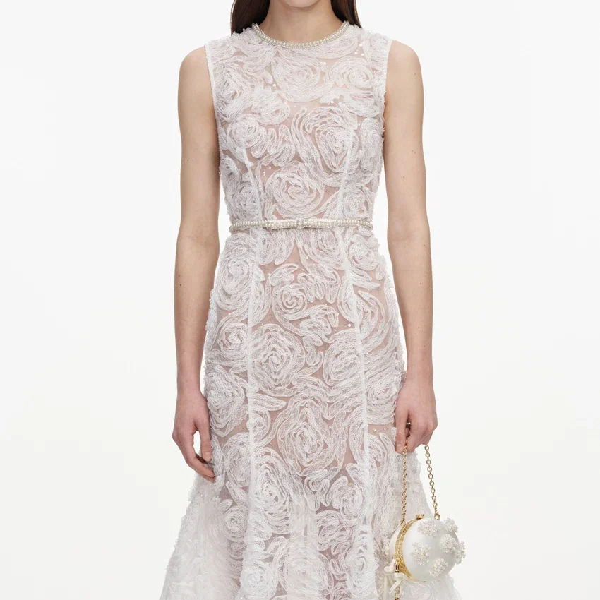 White Tulle Lace Midi Dress White Tulle Lace Midi Dress