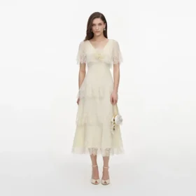 Yellow Chiffon Tiered Midi Dress
