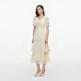 Yellow Chiffon Tiered Midi Dress