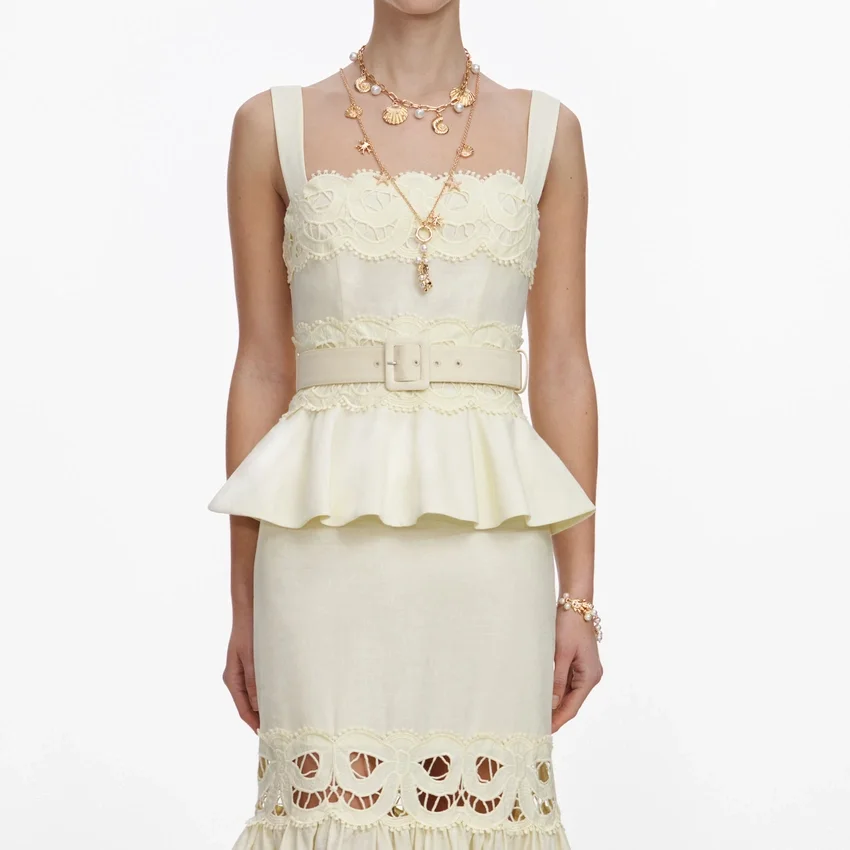 Yellow Linen Peplum Midi Dress Yellow Linen Peplum Midi Dress