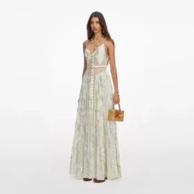 Yellow Metallic Chiffon Maxi Dress