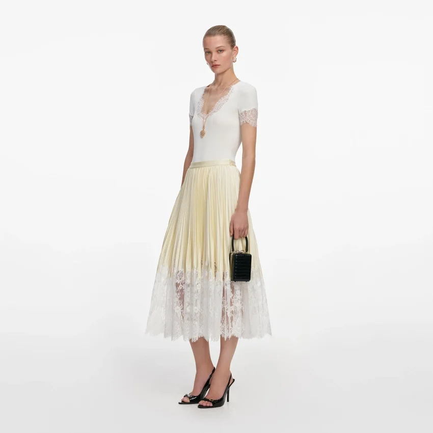 Yellow Satin Lace Midi Skirt Yellow Satin Lace Midi Skirt