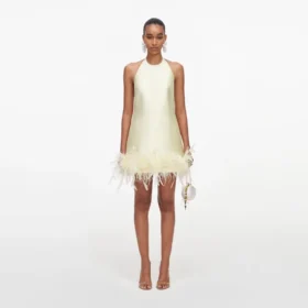 Yellow Taffeta Feather Trim Mini Dress
