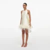 Yellow Taffeta Feather Trim Mini Dress