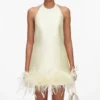 Yellow Taffeta Feather Trim Mini Dress