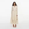 Yellow Viscose Lace Pleated Midi Dress