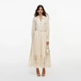 Yellow Viscose Lace Pleated Midi Dress