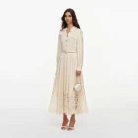 Yellow Viscose Lace Pleated Midi Dress