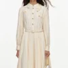 Yellow Viscose Lace Pleated Midi Dress