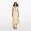 Yellow Viscose Pleated Lace Midi Dress