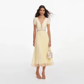 Yellow Viscose Pleated Lace Midi Dress