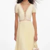 Yellow Viscose Pleated Lace Midi Dress